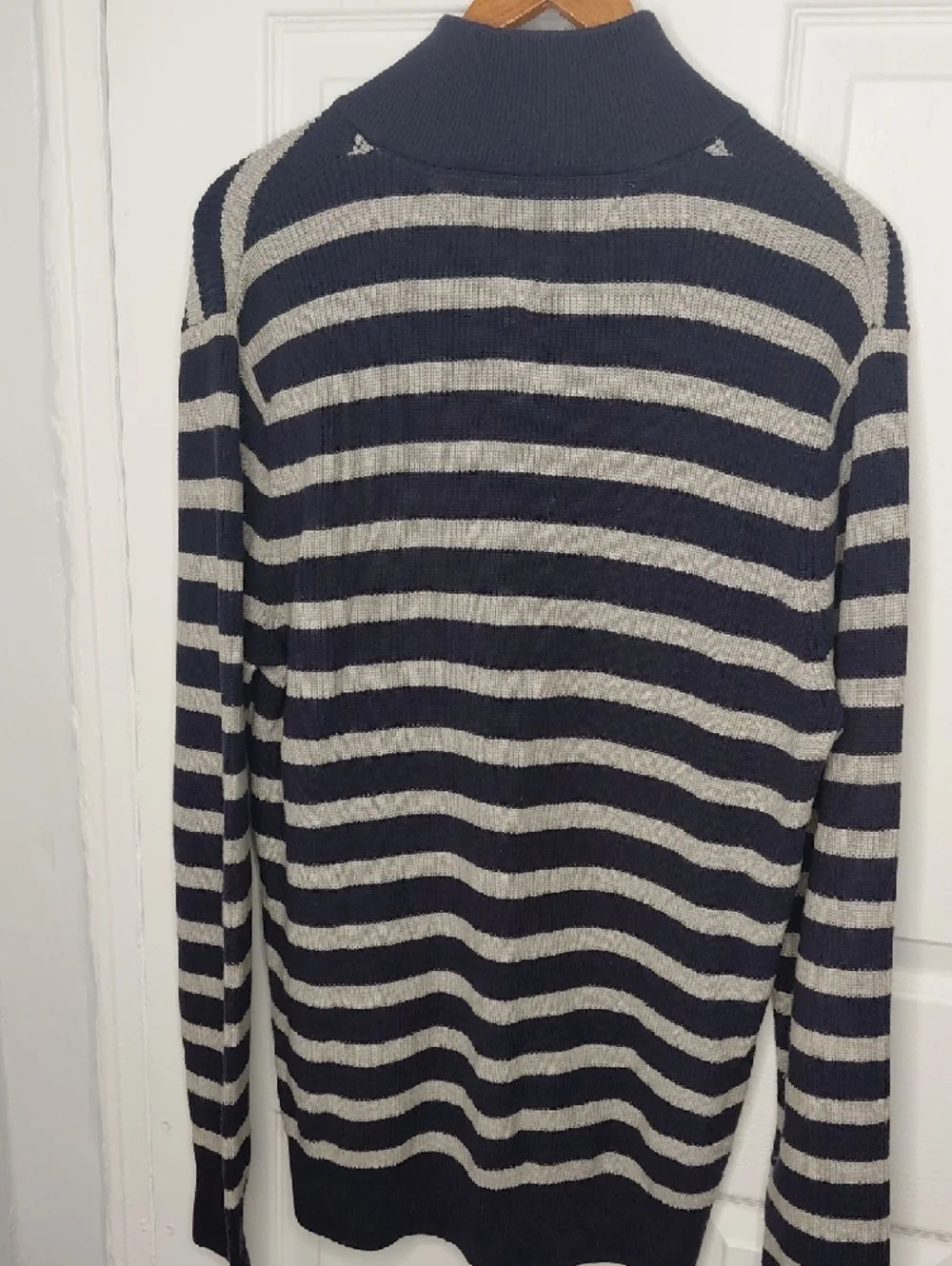 Tommy Hilfiger Navy and Cream Striped V-Neck Sweater